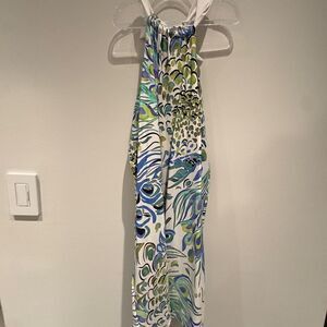 Tara Grinna Peacock Dress Blue & Green Halter Top Stretchy Size Medium Women’s